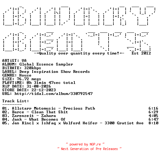 NFO for the release VA-Global_Essence_Sampler-(DISRWAX007)-WEB-2023-BB by BB