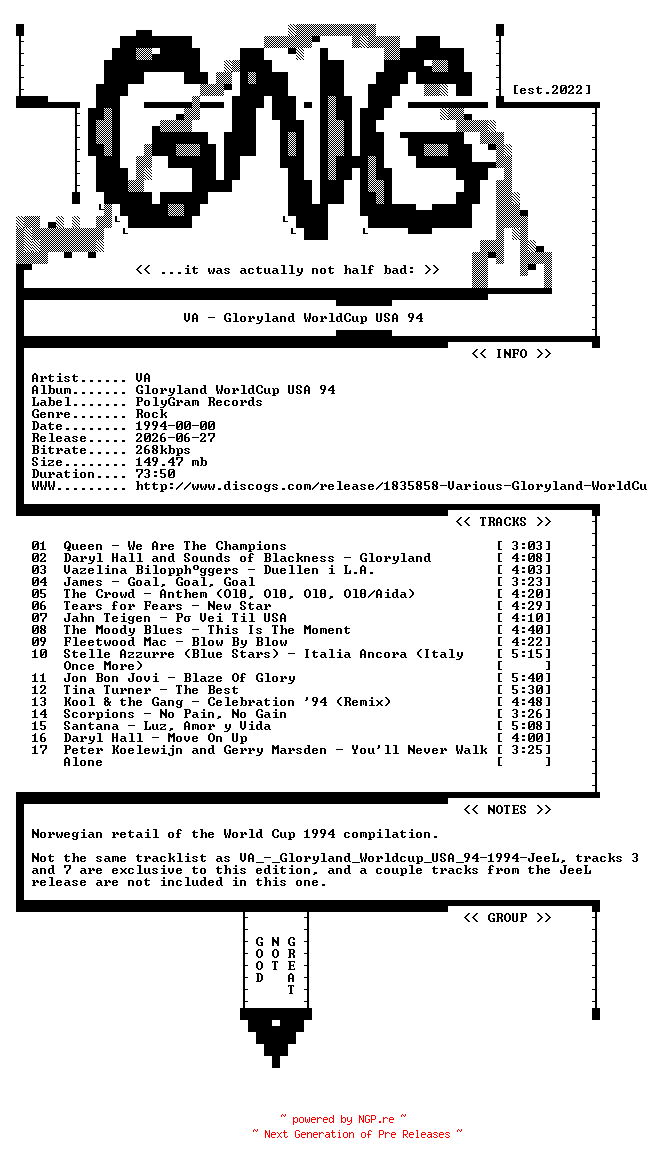 NFO for the release VA-Gloryland_WorldCup_USA_94-(Norwegian_Retail)-1994-GNG by GNG