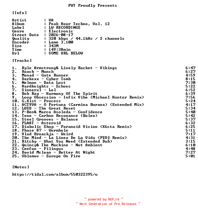 NFO for the release VA-Peak_Hour_Techno_Vol._12-WEB-2026-PWT by PWT