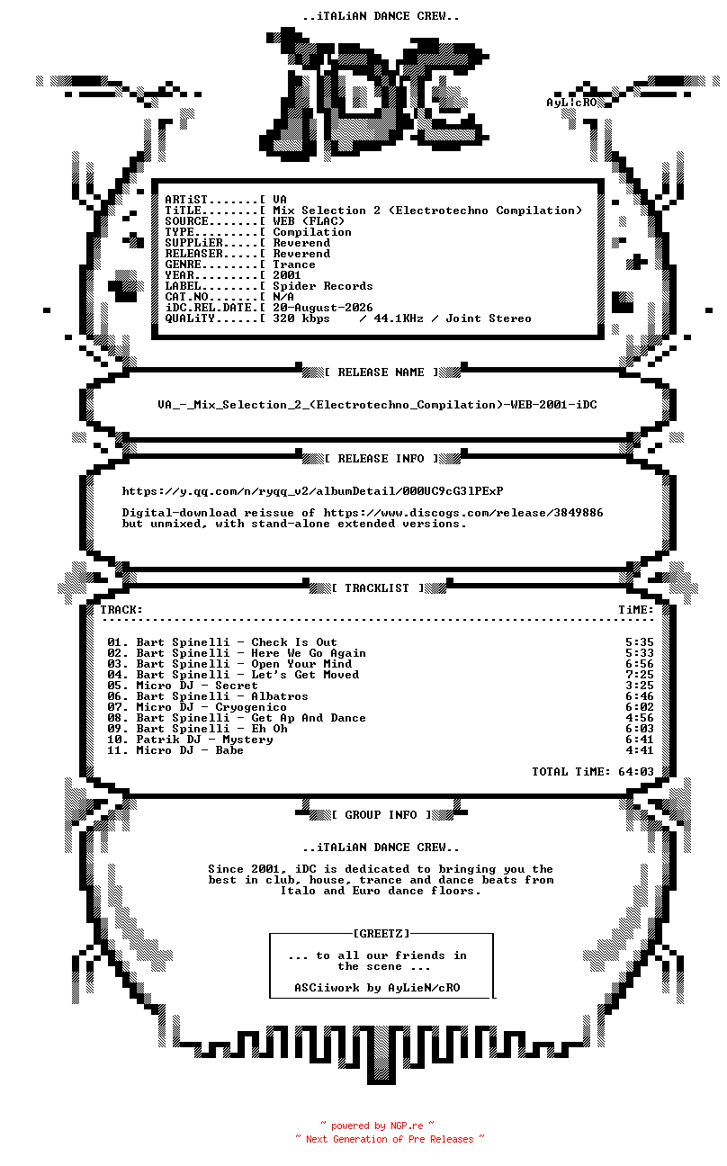 NFO for the release VA_-_Mix_Selection_2_(Electrotechno_Compilation)-WEB-2001-iDC by iDC