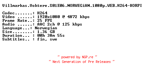 NFO for the release Villmarkas.Voktere.S01E06.NORWEGiAN.1080p.WEB.H264-KORPI by KORPI