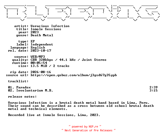 NFO for the release Voracious_Infection-Inmole_Sessions-EP-WEB-2023-BLEEDiNG by BLEEDiNG