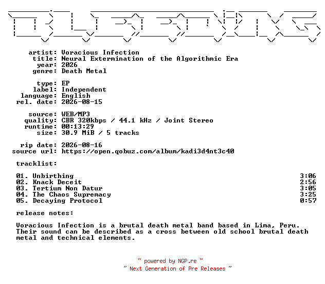 NFO for the release Voracious_Infection-Neural_Extermination_of_the_Algorithmic_Era-EP-WEB-2026-BLEEDiNG by BLEEDiNG