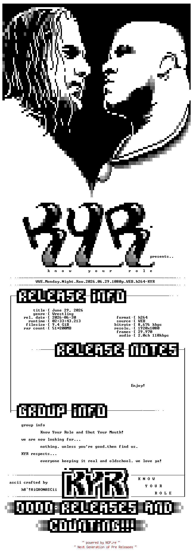 NFO for the release WWE.Monday.Night.Raw.2026.06.29.1080p.WEB.h264-KYR by KYR
