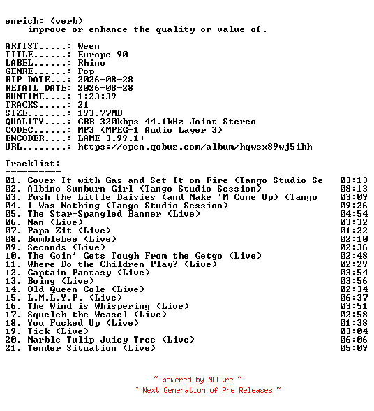 NFO for the release Ween-Europe_90-WEB-2026-ENRiCH by ENRiCH
