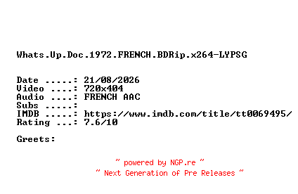 NFO for the release Whats.Up.Doc.1972.FRENCH.BDRip.x264-LYPSG by LYPSG