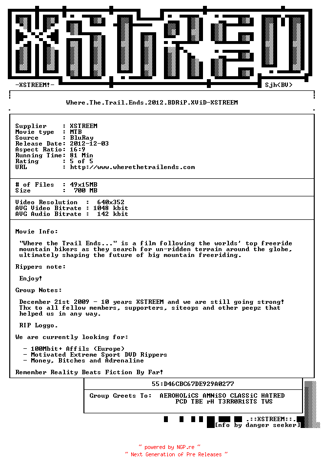 NFO for the release Where.The.Trail.Ends.2012.BDRiP.XViD-XSTREEM by XSTREEM