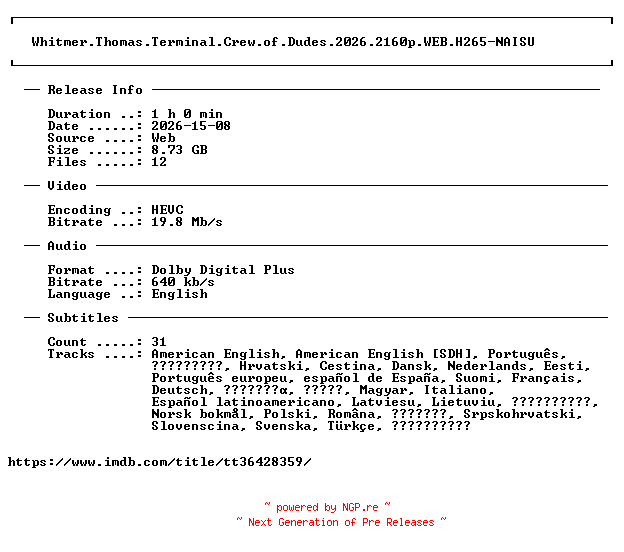 NFO for the release Whitmer.Thomas.Terminal.Crew.of.Dudes.2026.2160p.WEB.H265-NAISU by NAISU