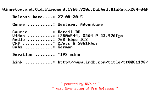 NFO for the release Winnetou.and.Old.Firehand.1966.720p.Dubbed.BluRay.x264-J4F by J4F