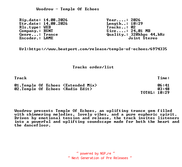 NFO for the release Woodrow_-_Temple_Of_Echoes-(RSNTV025)-WEB-2026-FMC by FMC