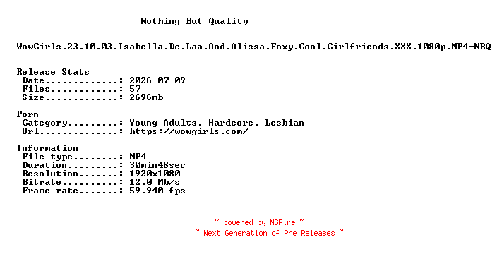 NFO for the release WowGirls.23.10.03.Isabella.De.Laa.And.Alissa.Foxy.Cool.Girlfriends.XXX.1080p.MP4-NBQ by NBQ