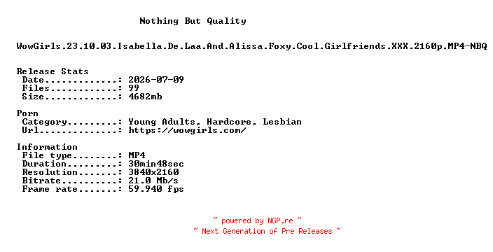 NFO for the release WowGirls.23.10.03.Isabella.De.Laa.And.Alissa.Foxy.Cool.Girlfriends.XXX.2160p.MP4-NBQ by NBQ