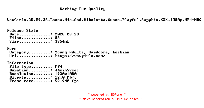 NFO for the release WowGirls.25.09.26.Leona.Mia.And.Nikoletta.Queen.Playful.Sapphic.XXX.1080p.MP4-NBQ by NBQ