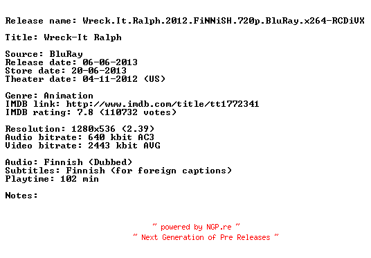 NFO for the release Wreck.It.Ralph.2012.FiNNiSH.720p.BluRay.x264-RCDiVX by RCDiVX