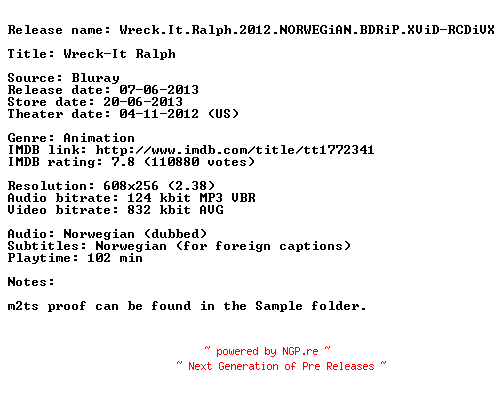 NFO for the release Wreck.It.Ralph.2012.NORWEGiAN.BDRiP.XViD-RCDiVX by RCDiVX