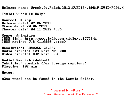 NFO for the release Wreck.It.Ralph.2012.SWEDiSH.BDRiP.XViD-RCDiVX by RCDiVX