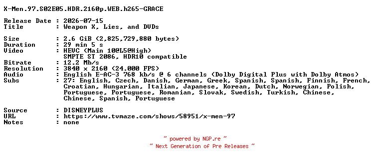 NFO for the release X-Men.97.S02E05.HDR.2160p.WEB.h265-GRACE by GRACE