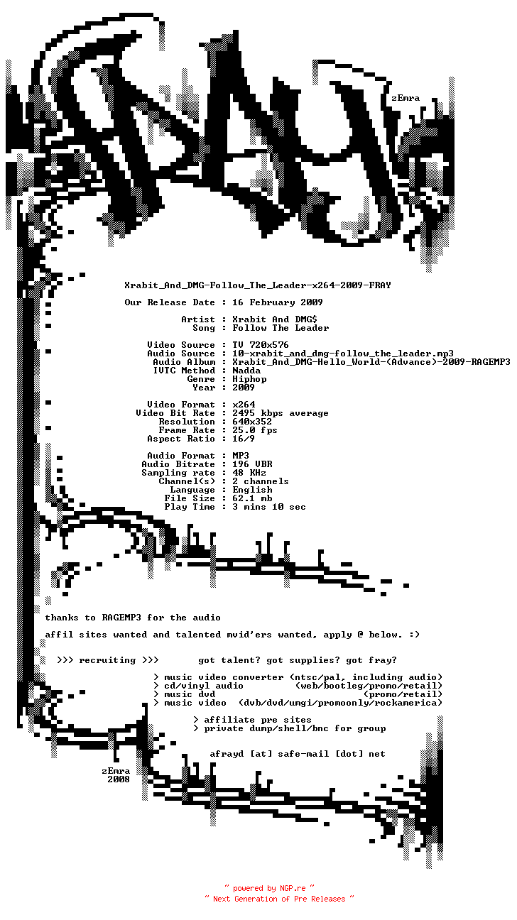 NFO for the release Xrabit_And_DMG-Follow_The_Leader-x264-2009-FRAY by FRAY