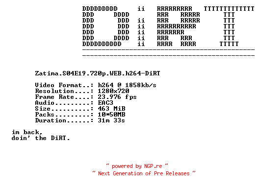 NFO for the release Zatima.S04E19.720p.WEB.h264-DiRT by DiRT
