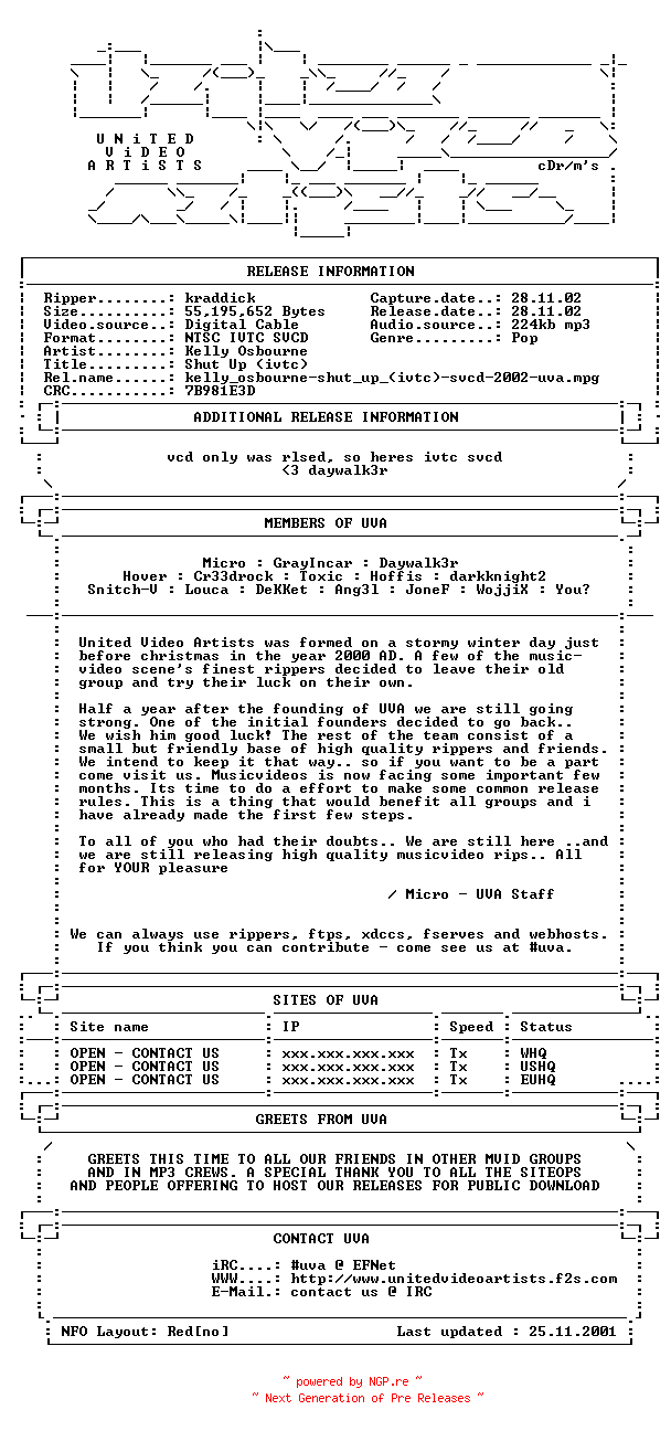 NFO for the release kelly_osbourne-shut_up_(ivtc)-svcd-2002-uva by uva
