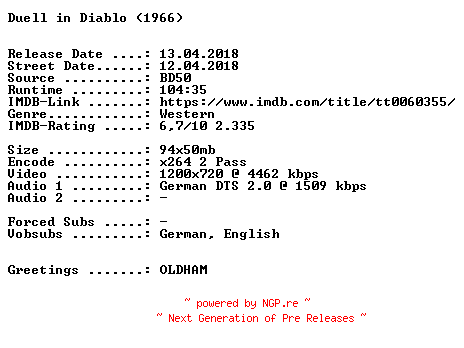 NFO for the release Duell.in.Diablo.1966.German.720p.BluRay.x264-SPiCY by SPiCY