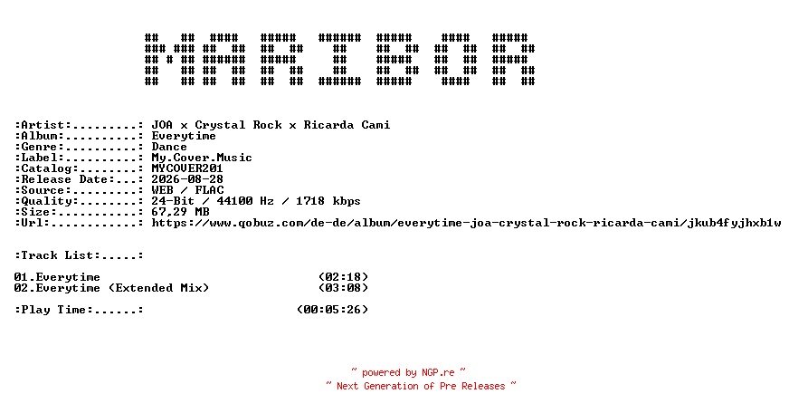 NFO for the release JOA_x_Crystal_Rock_x_Ricarda_Cami-Everytime-(MYCOVER201)-24BIT-WEB-FLAC-2026-MARiBOR by MARiBOR