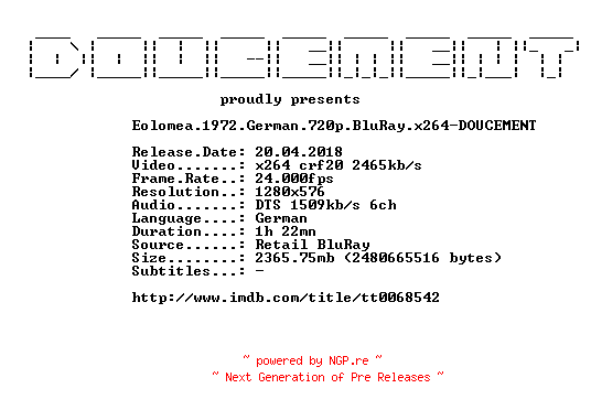 NFO for the release Eolomea.1972.German.720p.BluRay.x264-DOUCEMENT by DOUCEMENT