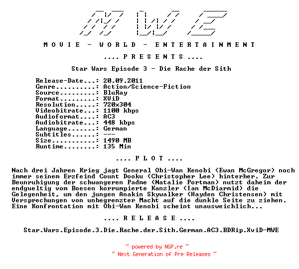 NFO for the release Star.Wars.Episode.3.Die.Rache.der.Sith.German.AC3.BDRip.XviD-MWE by MWE
