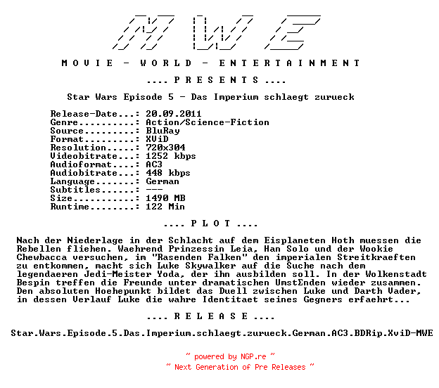 NFO for the release Star.Wars.Episode.5.Das.Imperium.schlaegt.zurueck.German.AC3.BDRip.XviD-MWE by MWE