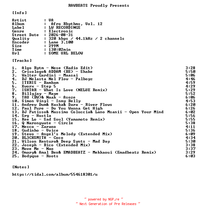 NFO for the release VA-Afro_Rhythms_Vol._12-WEB-2026-RAWBEATS by RAWBEATS