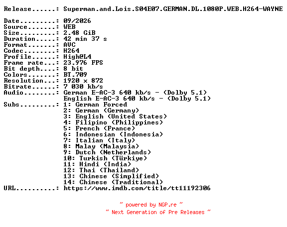 NFO for the release Superman.and.Lois.S04E07.GERMAN.DL.1080P.WEB.H264-WAYNE by WAYNE