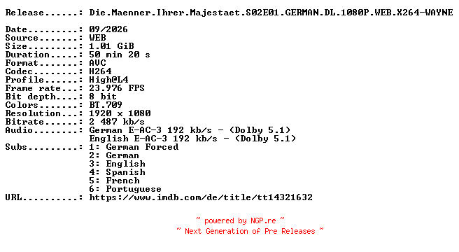 NFO for the release Die.Maenner.Ihrer.Majestaet.S02E01.GERMAN.DL.1080P.WEB.X264-WAYNE by WAYNE