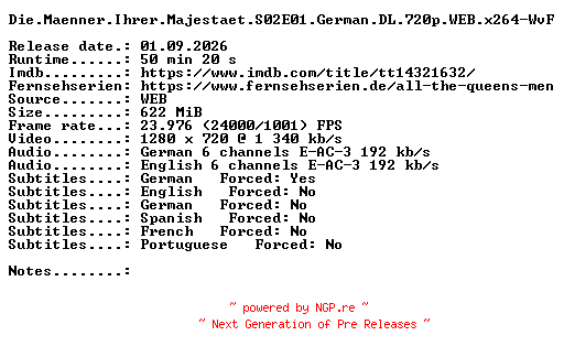 NFO for the release Die.Maenner.Ihrer.Majestaet.S02E01.German.DL.720p.WEB.x264-WvF by WvF