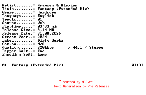 NFO for the release Araysen_and_Alexion-Fantasy_(Extended_Mix)-SINGLE-WEB-2024-XTC_iNT by XTC_iNT