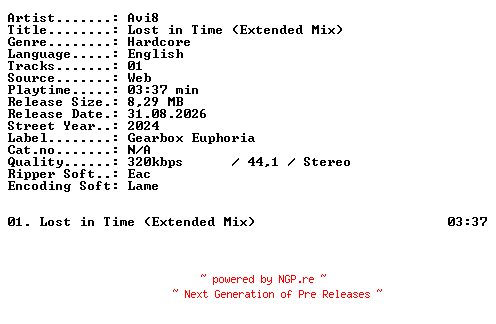 NFO for the release Avi8-Lost_in_Time_(Extended_Mix)-SINGLE-WEB-2024-XTC_iNT by XTC_iNT