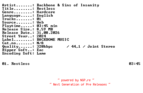 NFO for the release Backbone_and_Sins_of_Insanity-Restless-SINGLE-WEB-2024-XTC_iNT by XTC_iNT