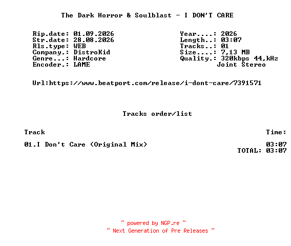 NFO for the release The_Dark_Horror_And_Soulblast_-_I_DONT_CARE_(Original_Mix)-SINGLE-WEB-2026-FMC by FMC
