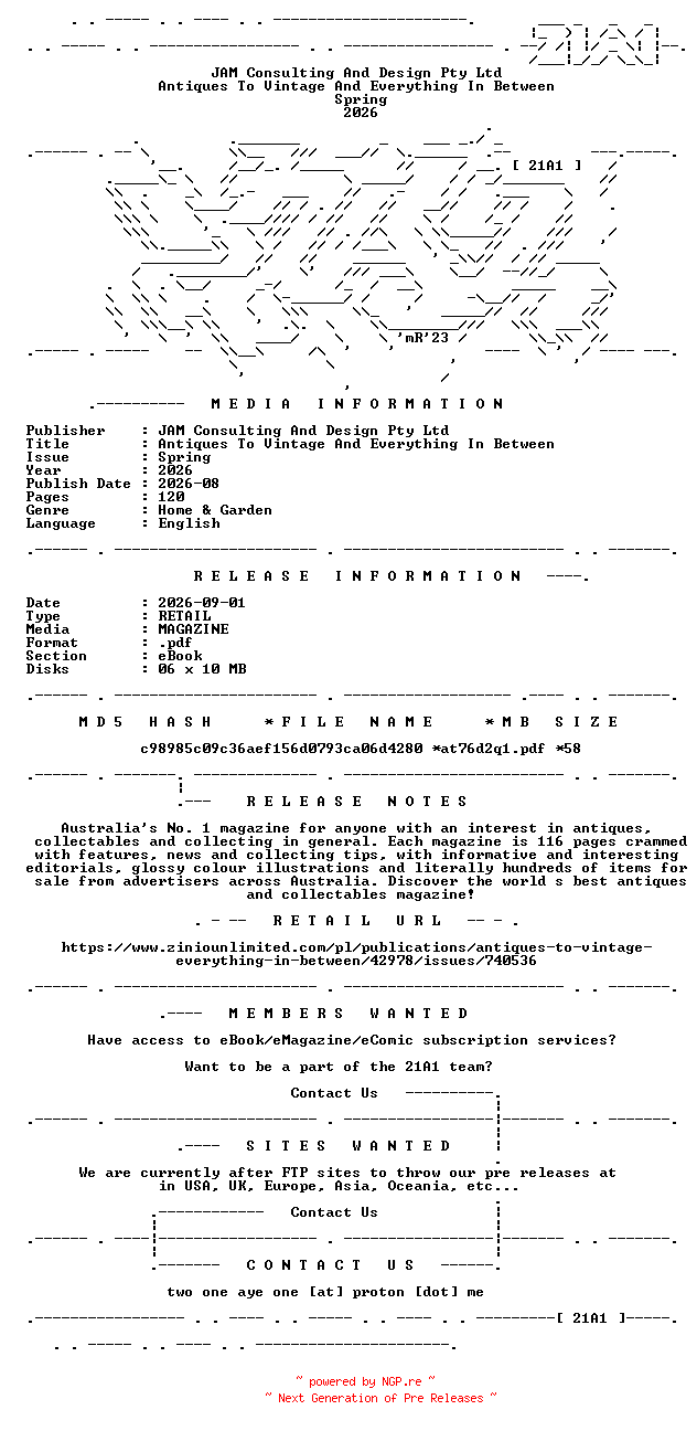 NFO for the release Antiques.To.Vintage.And.Everything.In.Between.Spring.2026.RETAIL.MAGAZINE.eBook-21A1 by 21A1