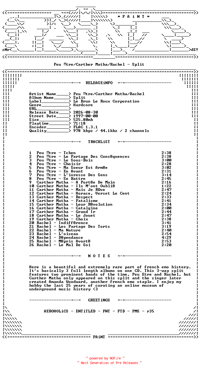 NFO for the release Peu_Etre-Carther_Matha-Rachel-FR-SPLIT-CD-FLAC-1997-FAiNT by FAiNT
