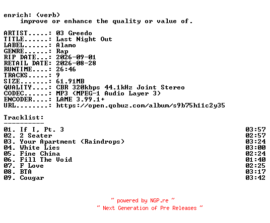 NFO for the release 03_Greedo-Last_Night_Out-WEB-2026-ENRiCH by ENRiCH