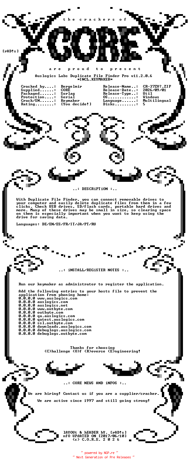 NFO for the release Auslogics.Labs.Duplicate.File.Finder.Pro.v11.2.0.6.Multilingual.Incl.Keymaker-CORE by CORE