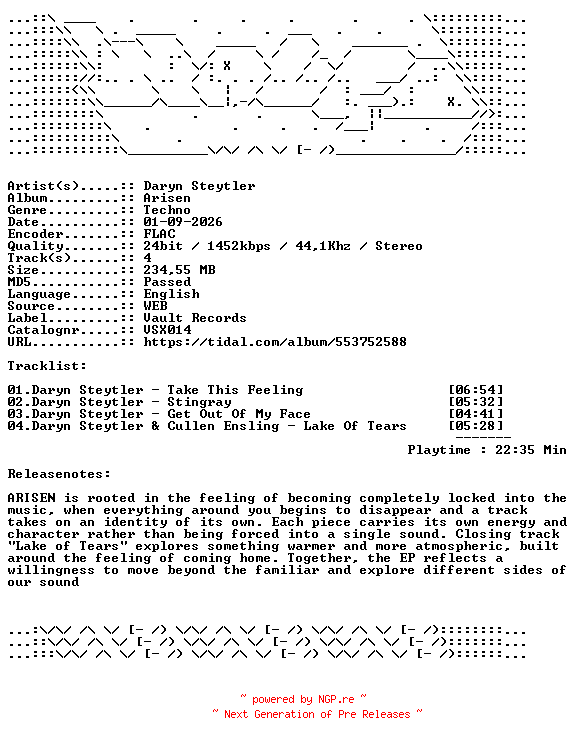 NFO for the release Daryn_Steytler-Arisen-VSX014-24BIT-WEB-FLAC-2026-WAVED by WAVED