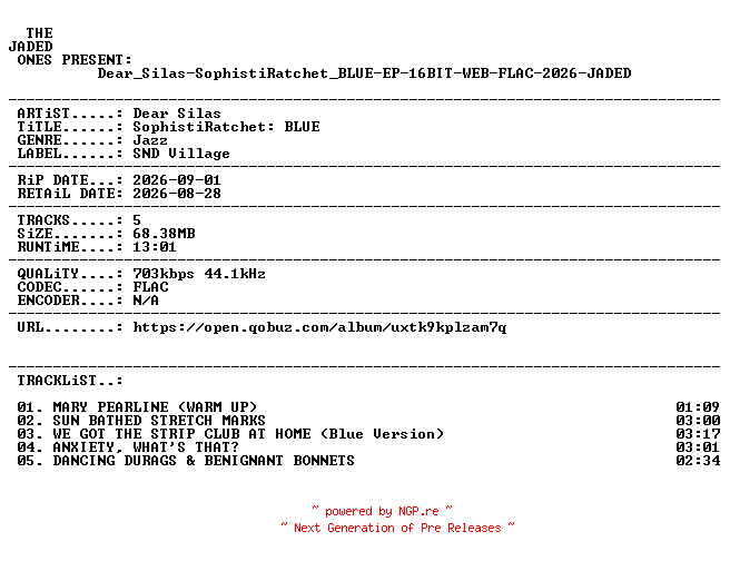NFO for the release Dear_Silas-SophistiRatchet_BLUE-EP-16BIT-WEB-FLAC-2026-JADED by JADED