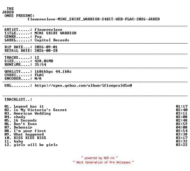 NFO for the release flowerovlove-MINI_SKIRT_WARRIOR-24BIT-WEB-FLAC-2026-JADED by JADED