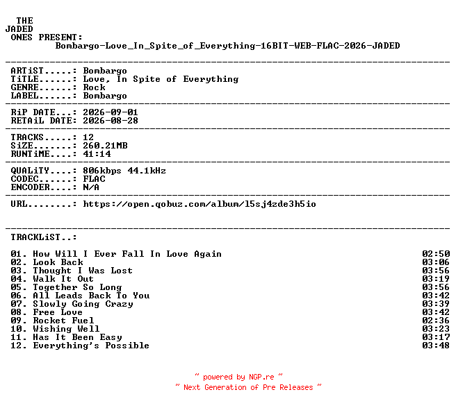 NFO for the release Bombargo-Love_In_Spite_of_Everything-16BIT-WEB-FLAC-2026-JADED by JADED