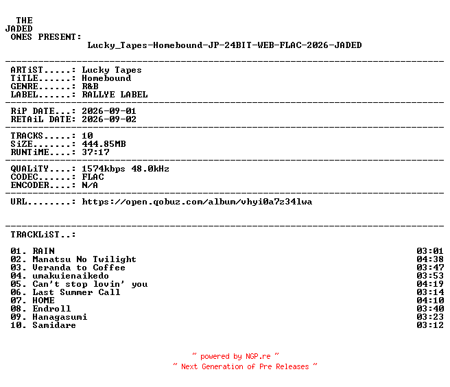 NFO for the release Lucky_Tapes-Homebound-JP-24BIT-WEB-FLAC-2026-JADED by JADED