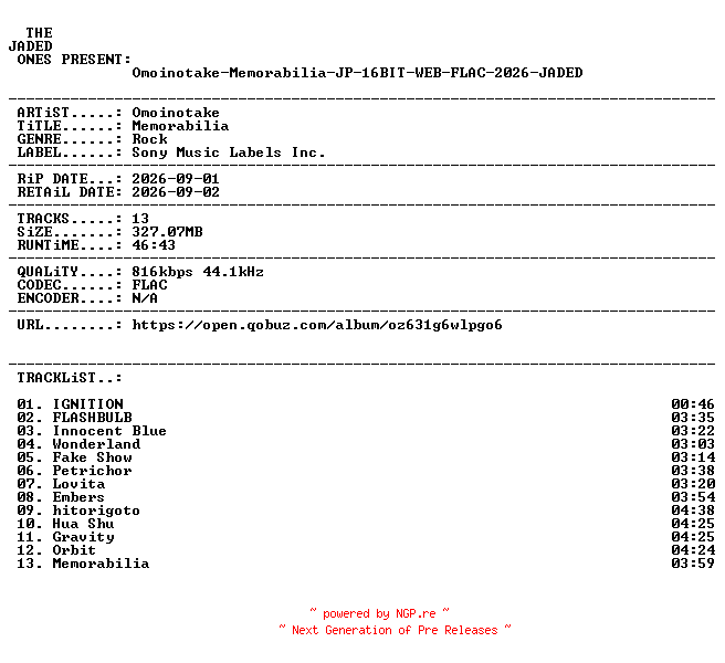 NFO for the release Omoinotake-Memorabilia-JP-16BIT-WEB-FLAC-2026-JADED by JADED