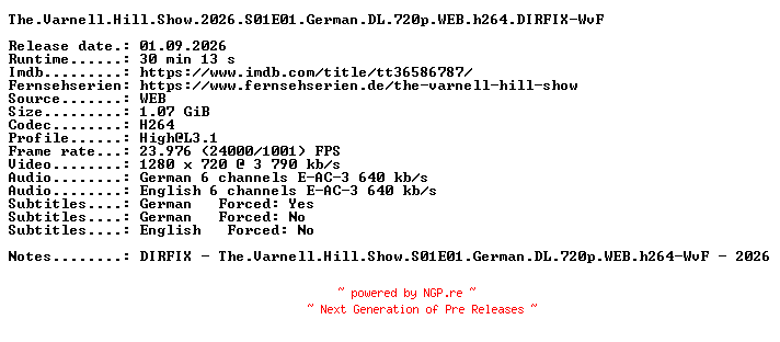 NFO for the release The.Varnell.Hill.Show.2026.S01E01.German.DL.720p.WEB.h264.DIRFIX-WvF by WvF