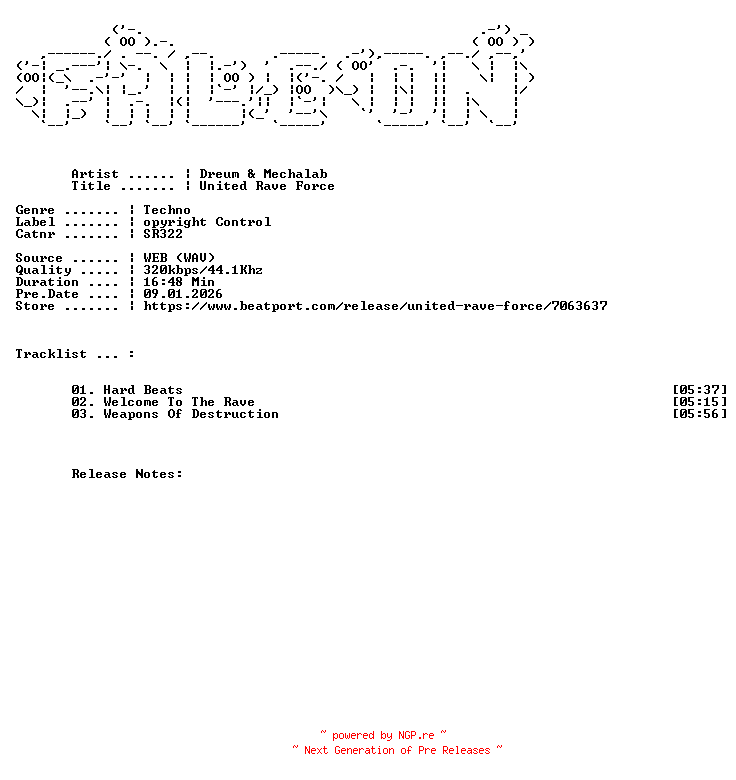 NFO for the release Dreum_And_Mechalab-United_Rave_Force-(SR322)-WEB-2026-FALCON by FALCON