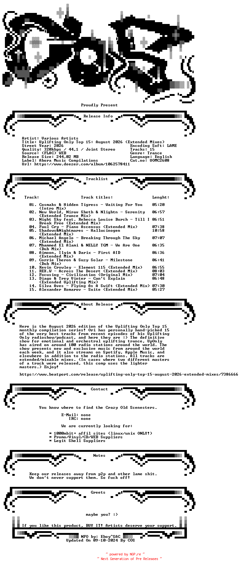 NFO for the release VA-Uplifting_Only_Top_15_August_2026_(Extended_Mixes)-(UOMC2608)-WEB-2026-COS by COS